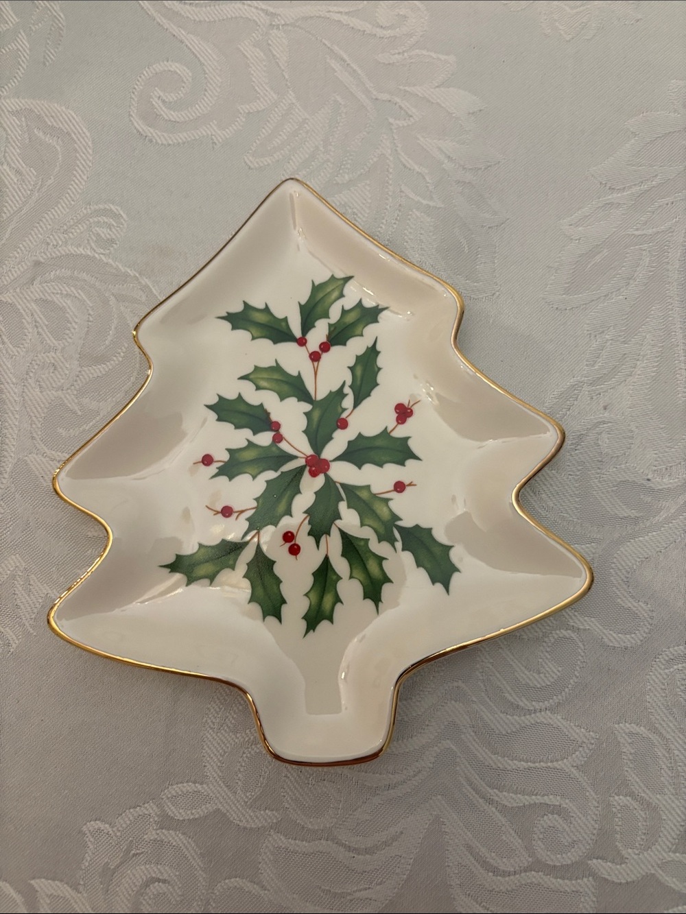 Lenox Tree-Shaped Holly Dish in White, Green and Red with Gold Trim. Brand new